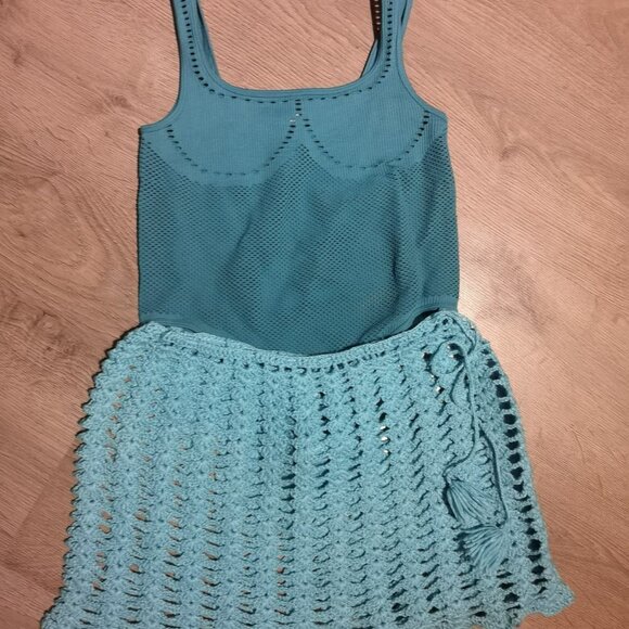 Neo-vintage Eco-luxe Teal Green Knit Pointelle Stretch Jersey Tank Bodysuit - Picture 4 of 5